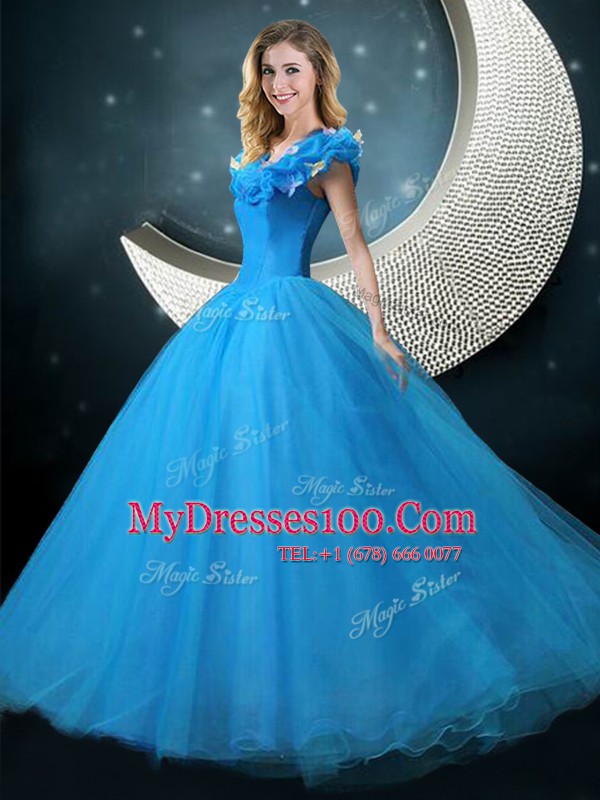 Ball Gowns Sweet 16 Dresses Blue V-neck Tulle Cap Sleeves Floor Length Lace Up