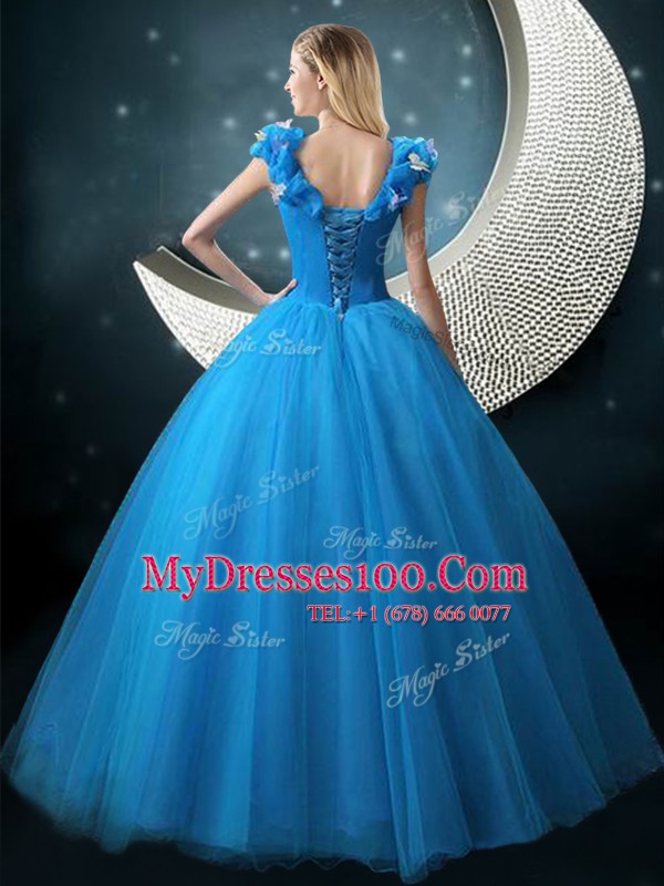 Ball Gowns Sweet 16 Dresses Blue V-neck Tulle Cap Sleeves Floor Length Lace Up