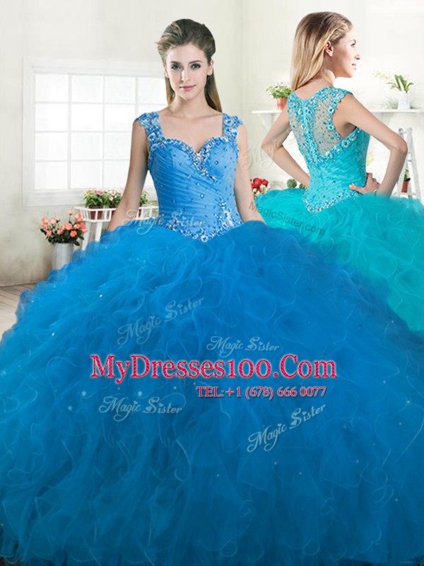 Eye-catching Ball Gowns Ball Gown Prom Dress Blue Straps Tulle Sleeveless Floor Length Zipper