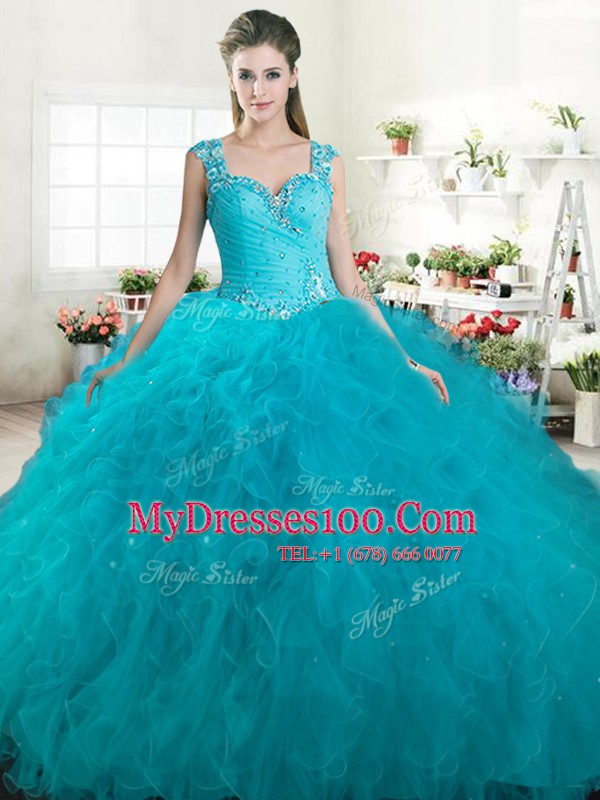 Eye-catching Ball Gowns Ball Gown Prom Dress Blue Straps Tulle Sleeveless Floor Length Zipper
