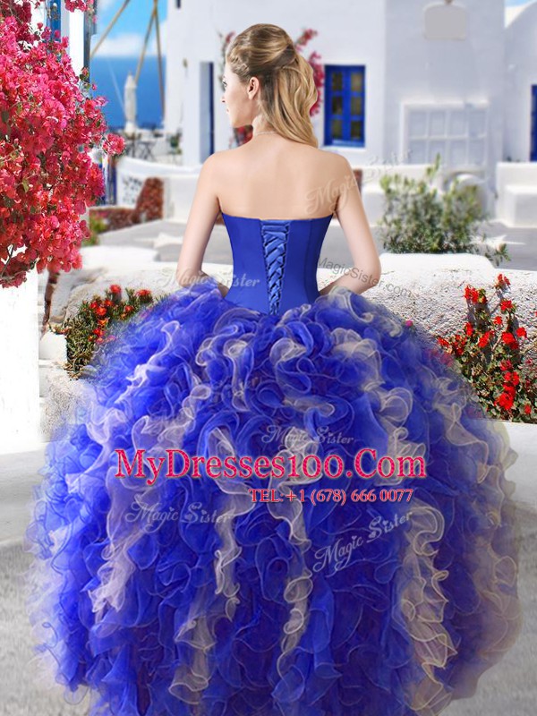 High Class Three Piece Sweetheart Sleeveless Lace Up Quince Ball Gowns Blue Organza