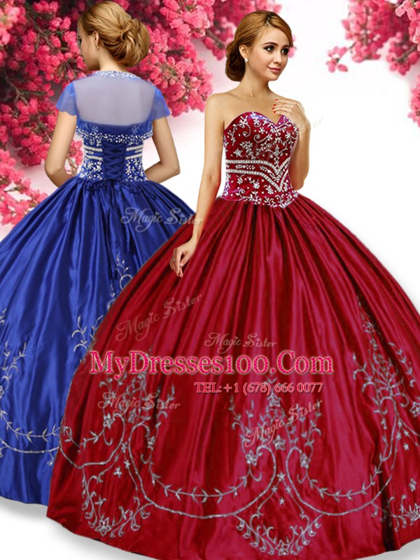Embroidery Quinceanera Dress Wine Red Lace Up Sleeveless Floor Length