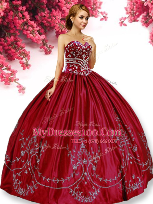 Embroidery Quinceanera Dress Wine Red Lace Up Sleeveless Floor Length