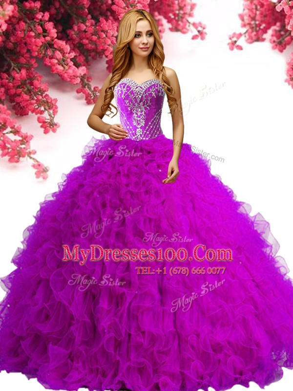 Floor Length Lace Up Quinceanera Dresses Fuchsia for Military Ball and Sweet 16 and Quinceanera with Beading and Ruffles