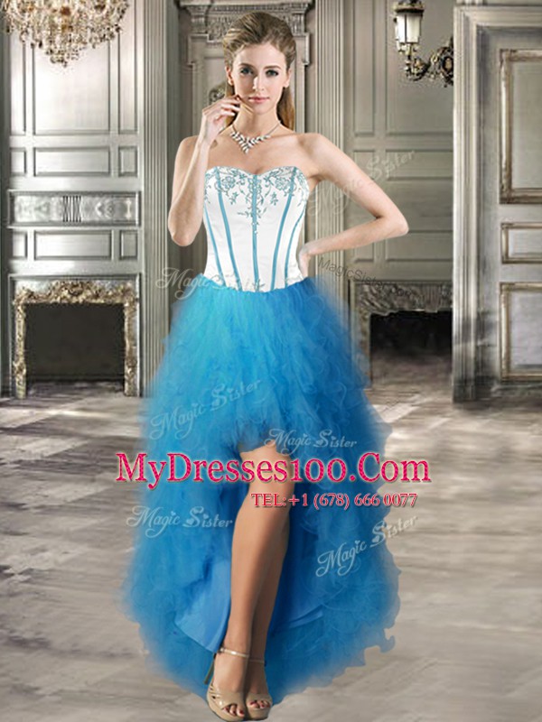 Unique Four Piece Baby Blue Sleeveless Floor Length Embroidery and Ruffles Lace Up 15 Quinceanera Dress