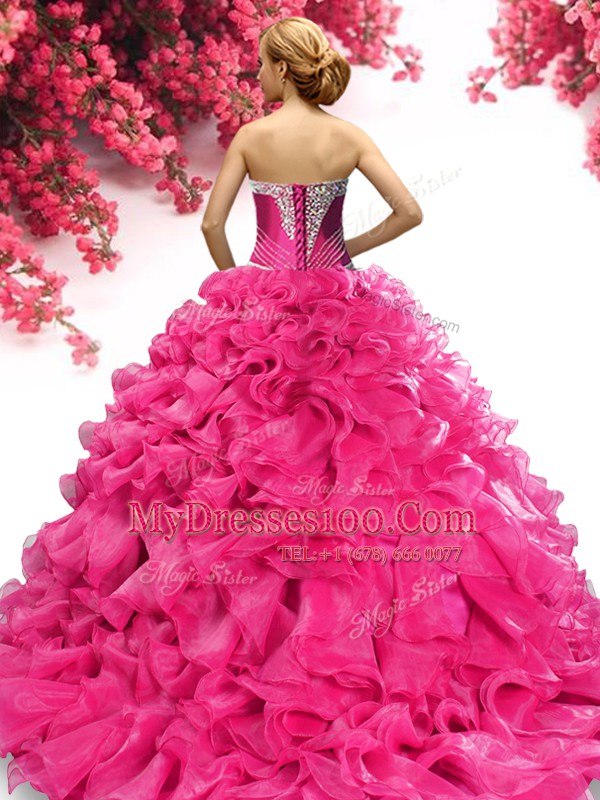 Hot Pink Organza Lace Up Sweet 16 Quinceanera Dress Sleeveless With Train Sweep Train Beading and Ruffles