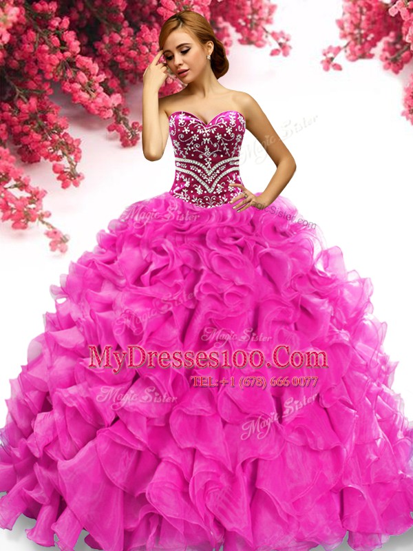 Sleeveless Beading and Ruffles Lace Up Quinceanera Dresses with Hot Pink Sweep Train