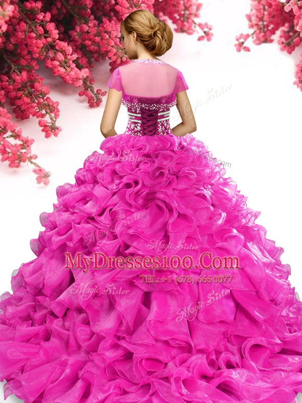 Sleeveless Beading and Ruffles Lace Up Quinceanera Dresses with Hot Pink Sweep Train