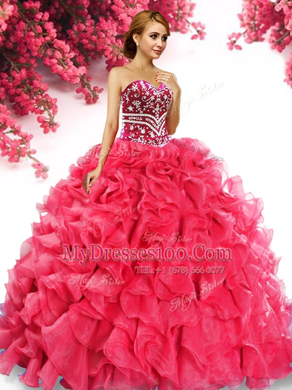 Eye-catching Red Sweetheart Neckline Beading and Ruffles Quince Ball Gowns Sleeveless Lace Up