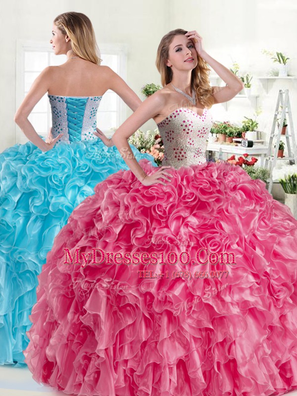 Pink and Aqua Blue Ball Gowns Beading and Ruffles Quinceanera Dress Lace Up Organza Sleeveless Floor Length