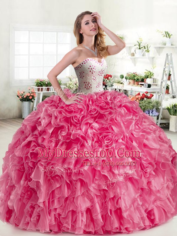 Pink and Aqua Blue Ball Gowns Beading and Ruffles Quinceanera Dress Lace Up Organza Sleeveless Floor Length