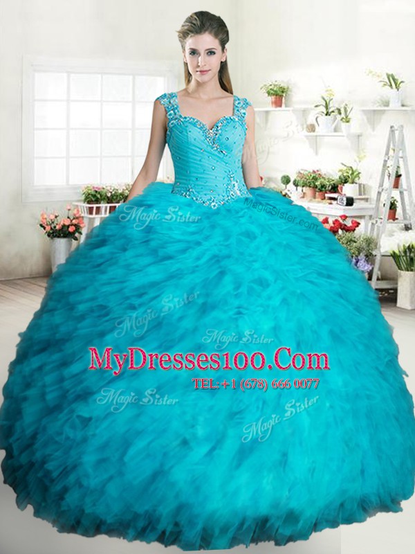 Delicate Straps Sleeveless Zipper Floor Length Beading and Ruffles Ball Gown Prom Dress