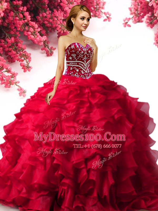 Top Selling Red Lace Up Ball Gown Prom Dress Beading and Ruffles Sleeveless Floor Length