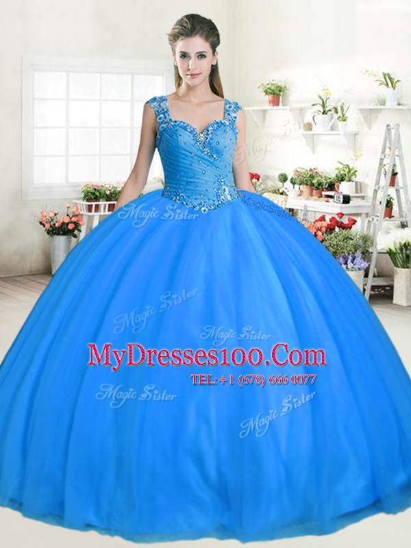 Fashionable Blue Straps Zipper Beading Sweet 16 Dresses Sleeveless