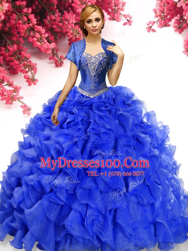 Decent Sleeveless With Train Beading and Ruffles Lace Up Sweet 16 Dress with Royal Blue Sweep Train