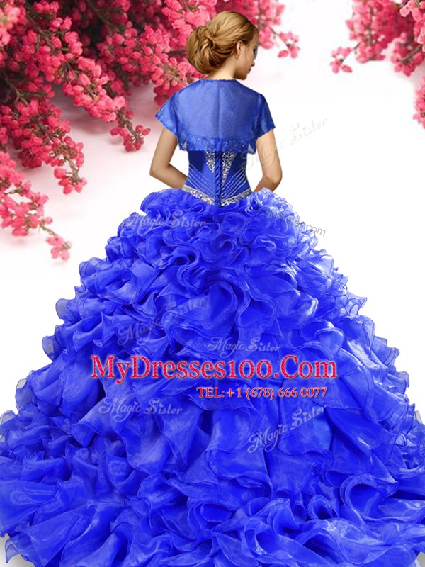 Decent Sleeveless With Train Beading and Ruffles Lace Up Sweet 16 Dress with Royal Blue Sweep Train