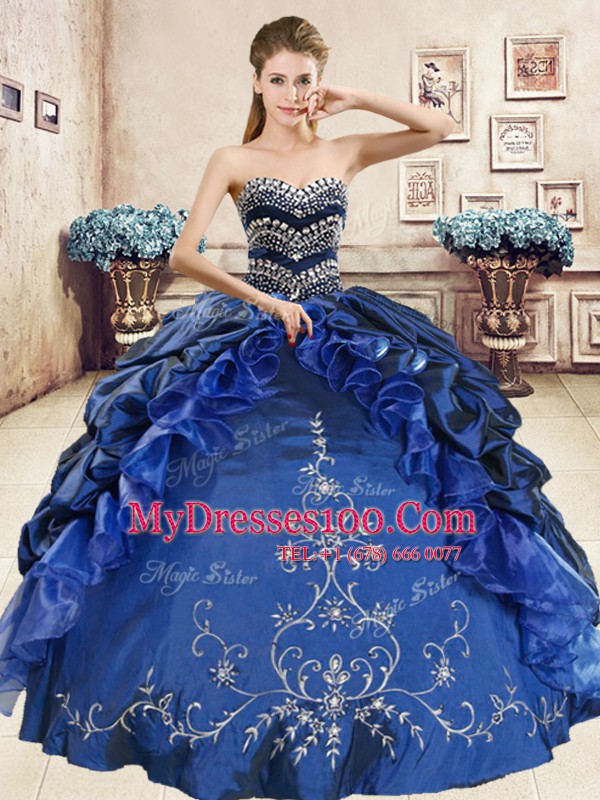 Colorful Navy Blue Sweetheart Neckline Beading and Embroidery and Pick Ups Ball Gown Prom Dress Sleeveless Lace Up