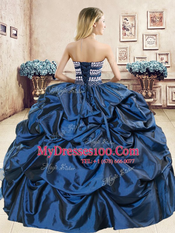 Colorful Navy Blue Sweetheart Neckline Beading and Embroidery and Pick Ups Ball Gown Prom Dress Sleeveless Lace Up