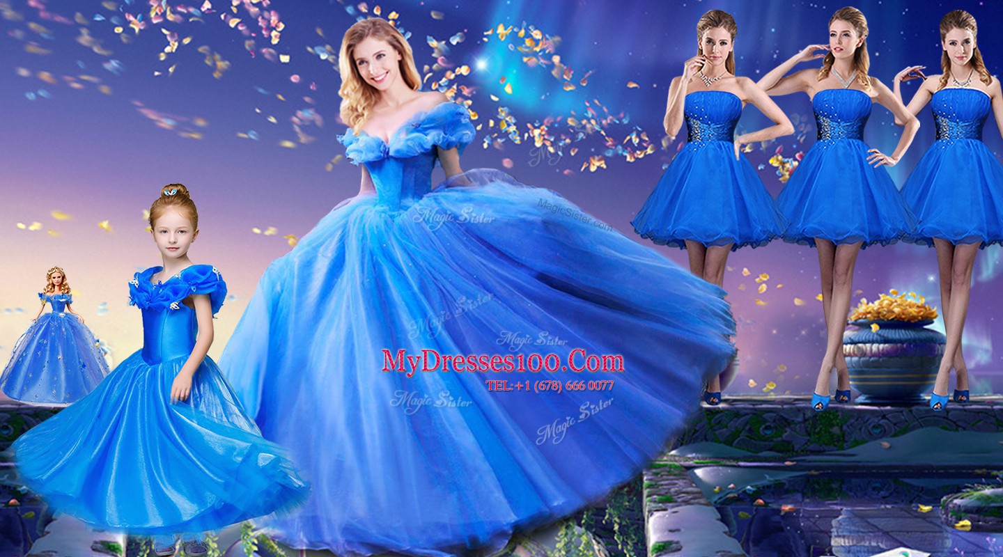 Classical Tulle Off The Shoulder Short Sleeves Lace Up Appliques and Bowknot 15 Quinceanera Dress in Royal Blue