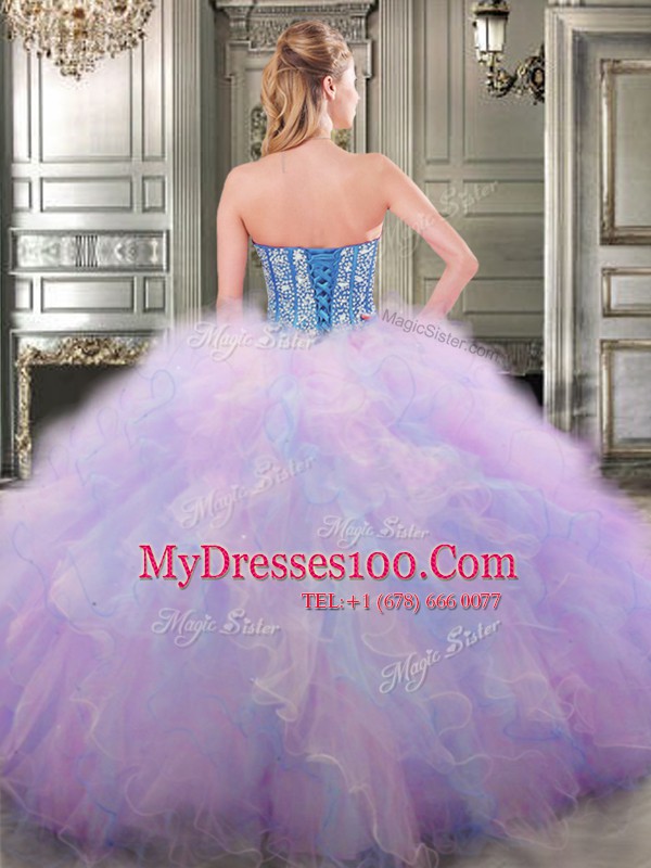 Simple Four Piece Multi-color Tulle Lace Up Sweetheart Sleeveless Floor Length Quince Ball Gowns Beading and Ruffles