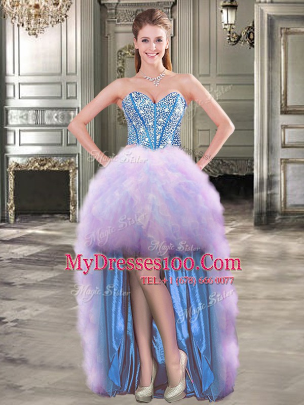 Simple Four Piece Multi-color Tulle Lace Up Sweetheart Sleeveless Floor Length Quince Ball Gowns Beading and Ruffles