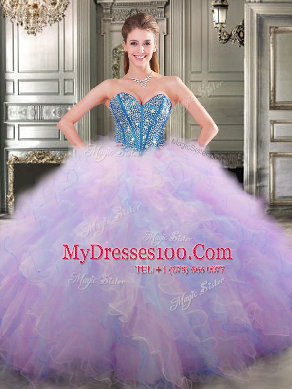 Three Piece Multi-color Lace Up Sweet 16 Quinceanera Dress Beading and Ruffles Sleeveless Floor Length