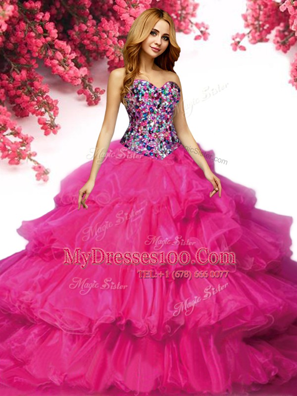 Dynamic Sweetheart Sleeveless 15 Quinceanera Dress Floor Length Beading and Ruffled Layers Fuchsia Organza
