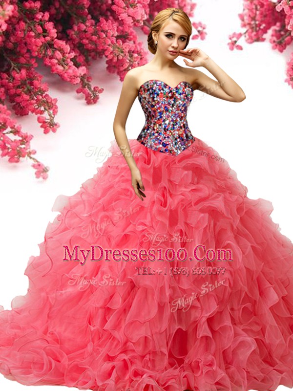 Sleeveless Brush Train Lace Up With Train Beading and Ruffles Vestidos de Quinceanera