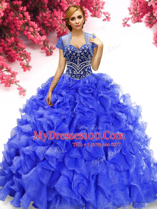 Royal Blue Sweetheart Neckline Beading and Ruffles Ball Gown Prom Dress Sleeveless Lace Up