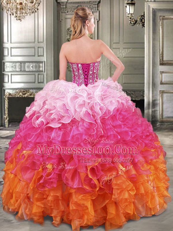 Trendy Four Piece Floor Length Lace Up Quince Ball Gowns Multi-color for Military Ball and Sweet 16 and Quinceanera with Beading