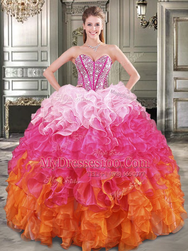 Trendy Four Piece Floor Length Lace Up Quince Ball Gowns Multi-color for Military Ball and Sweet 16 and Quinceanera with Beading