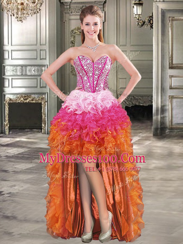 Trendy Four Piece Floor Length Lace Up Quince Ball Gowns Multi-color for Military Ball and Sweet 16 and Quinceanera with Beading