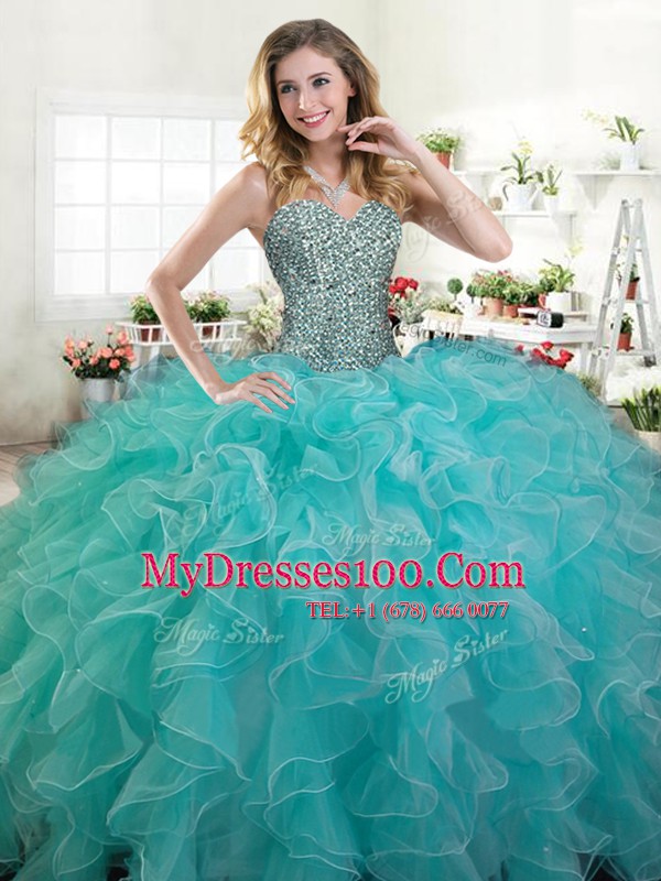 Turquoise Sleeveless Floor Length Beading and Ruffles Lace Up Vestidos de Quinceanera