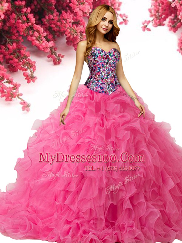 Pretty Sleeveless Lace Up Floor Length Beading and Ruffles Quinceanera Dresses