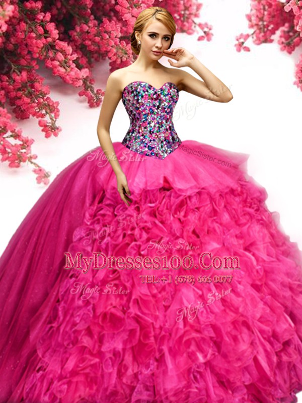 Floor Length Hot Pink Sweet 16 Quinceanera Dress Organza Sleeveless Beading and Ruffles