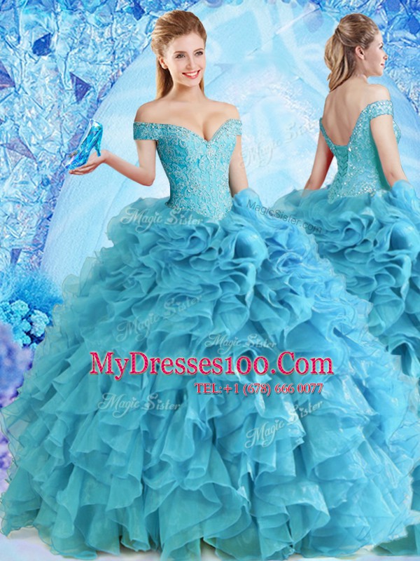 Baby Blue Ball Gowns Organza Off The Shoulder Sleeveless Beading and Ruffles Floor Length Lace Up 15th Birthday Dress