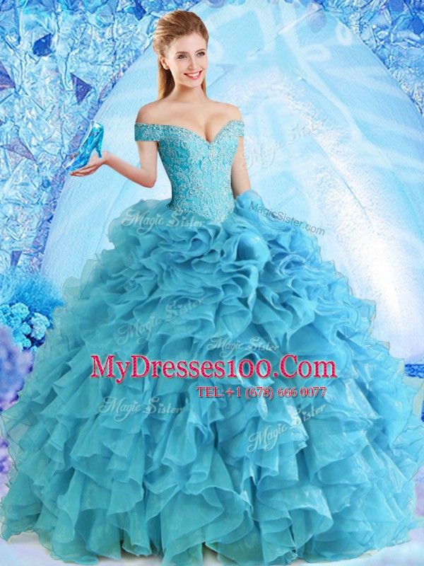 Baby Blue Ball Gowns Organza Off The Shoulder Sleeveless Beading and Ruffles Floor Length Lace Up 15th Birthday Dress