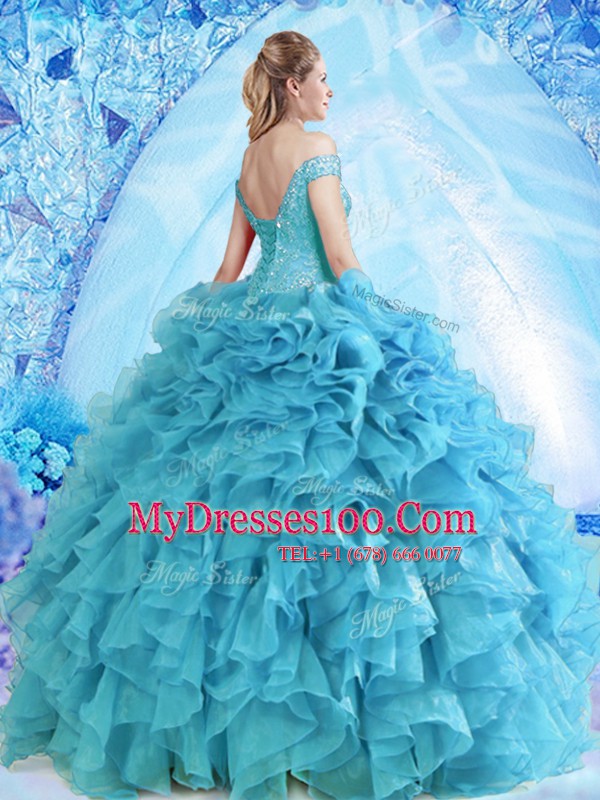 Baby Blue Ball Gowns Organza Off The Shoulder Sleeveless Beading and Ruffles Floor Length Lace Up 15th Birthday Dress