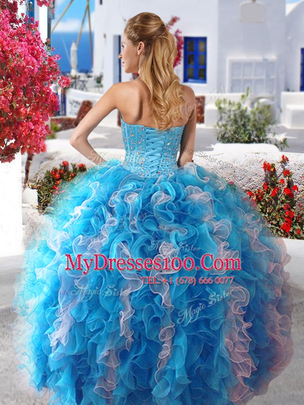 Three Piece Sleeveless Organza Floor Length Lace Up Quinceanera Dresses in White and Baby Blue with Beading