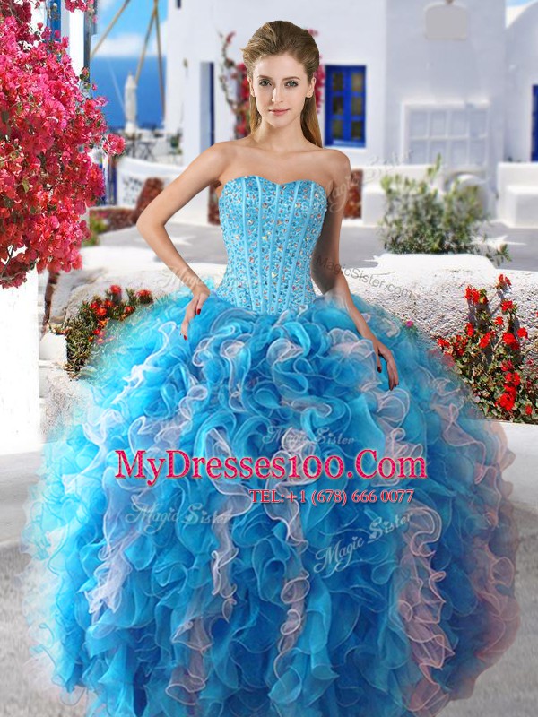 Three Piece Sleeveless Organza Floor Length Lace Up Quinceanera Dresses in White and Baby Blue with Beading
