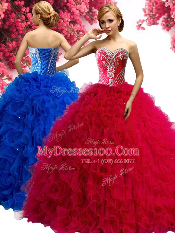 Beading and Ruffles Ball Gown Prom Dress Red Lace Up Sleeveless Floor Length
