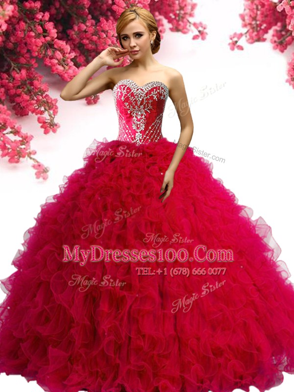 Beading and Ruffles Ball Gown Prom Dress Red Lace Up Sleeveless Floor Length