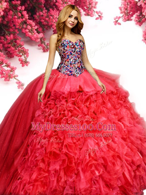 Modest Sleeveless Floor Length Beading and Ruffles Lace Up Quinceanera Gowns with Red