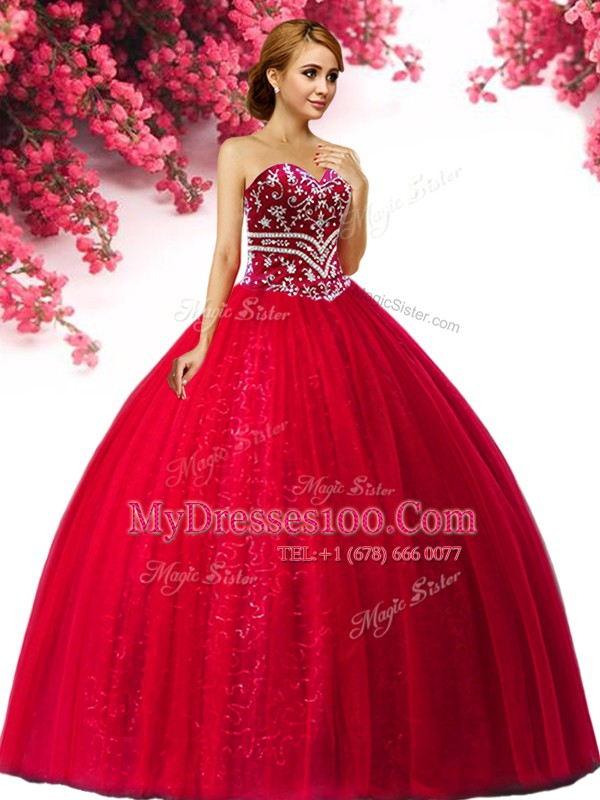 Enchanting Tulle Sweetheart Sleeveless Lace Up Beading Sweet 16 Dress in Red