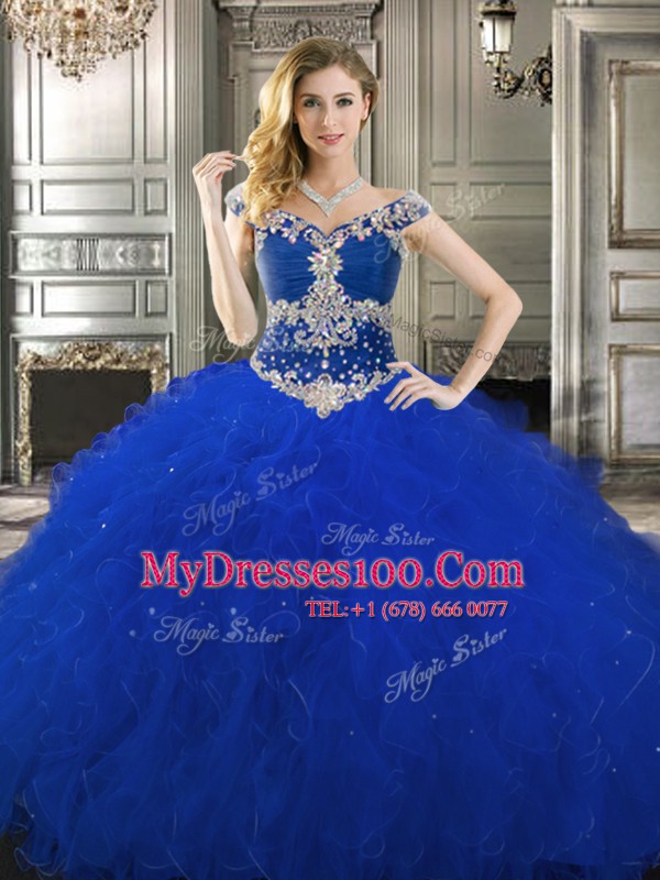 Inexpensive Three Piece Royal Blue Off The Shoulder Neckline Beading and Ruffles Vestidos de Quinceanera Sleeveless Zipper