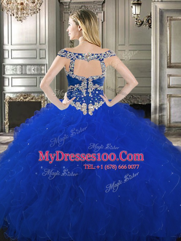 Inexpensive Three Piece Royal Blue Off The Shoulder Neckline Beading and Ruffles Vestidos de Quinceanera Sleeveless Zipper