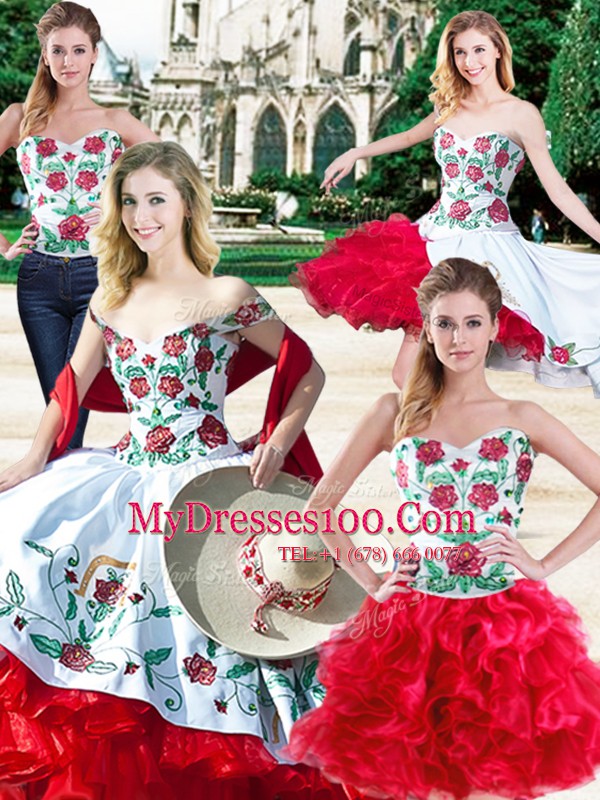 Super Four Piece Sweetheart Sleeveless Sweet 16 Quinceanera Dress Floor Length Embroidery and Ruffles White And Red Satin and Organza