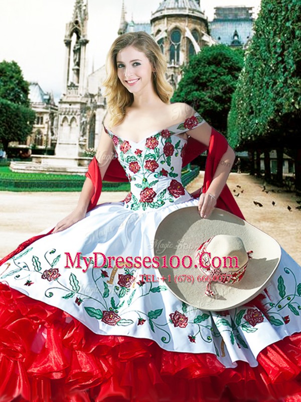 Super Four Piece Sweetheart Sleeveless Sweet 16 Quinceanera Dress Floor Length Embroidery and Ruffles White And Red Satin and Organza