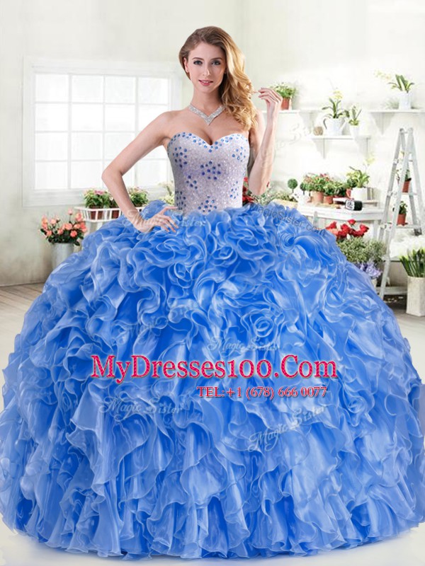 Blue Lace Up Ball Gown Prom Dress Beading and Ruffles Sleeveless Floor Length