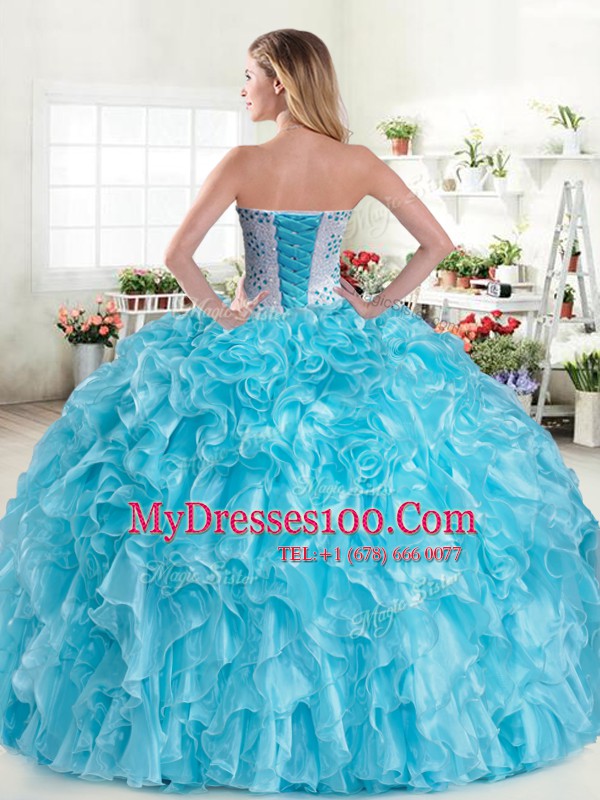 Blue Lace Up Ball Gown Prom Dress Beading and Ruffles Sleeveless Floor Length